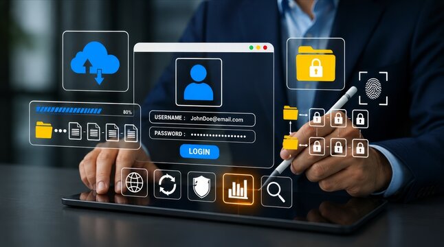 Secure Login and Cloud Data Protection Concept with Tablet Interface and Cybersecurity Icons