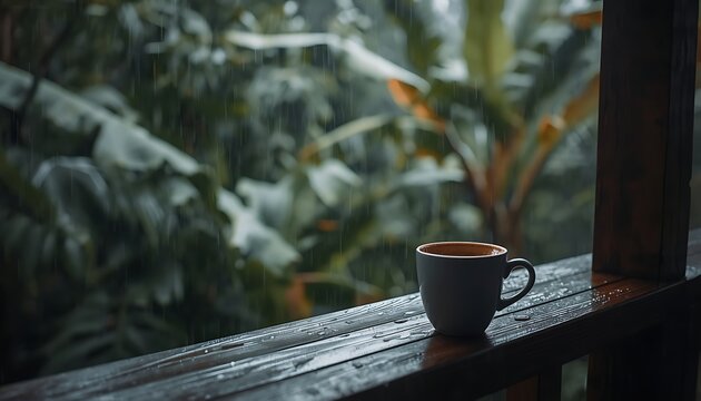Hot coffee cup on wet wooden balcony railing during heavy rain in lush tropical jungle garden.