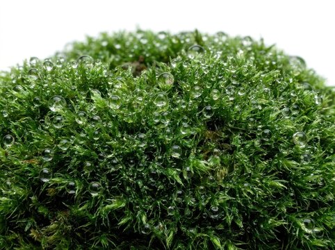 Dew covered moss surface, natural texture concept, isolated on white background 