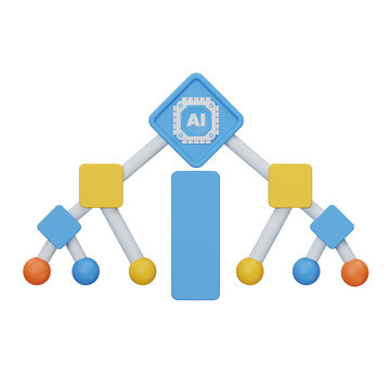 3D rendering of AI decision tree diagram icon for machine learning analysis.