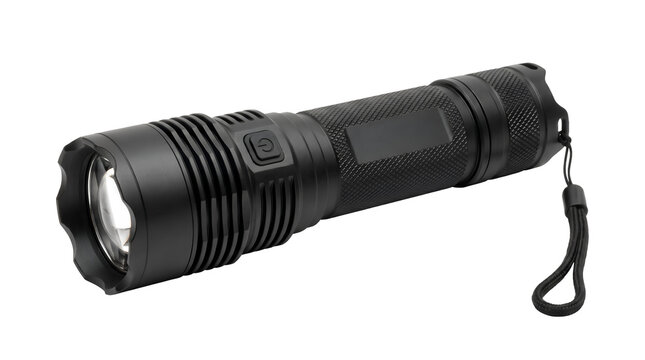 Tactical black metal flashlight featuring a powerful LED beam for emergency camping and security purposes isolated as a professional studio product on transparent background