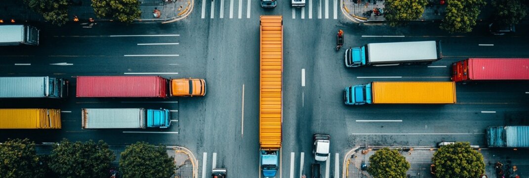 Aerial view of a bustling city intersection with colorful buses and cars waiting at traffic lights, showcasing urban transportation and road infrastructure.