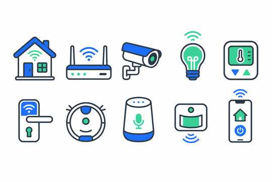 A collection of icons representing various smart home devices and systems, used to illustrate automation, connectivity, and remote control in smart home applications and interfaces.