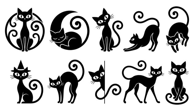 Mystic Black Cat Poses and Witch Familiar Vector Silhouette Clipart Set