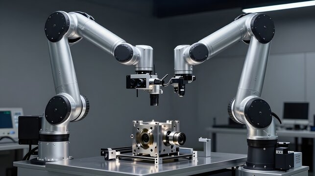 Industrial robotic arms performing precision manufacturing task on metallic component in clean facility.