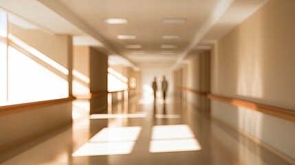 Fototapeta premium Warm, sunlit hallway with two blurred figures walking away
