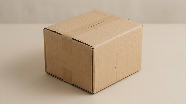 A single small brown cardboard box sitting on a flat surface representing shipping delivery and packaging for e-commerce business logistics and online retail order fulfillment services