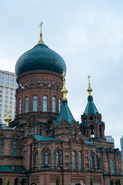 Central green cupola and brick arches detail of Saint Sophia Cathedral in Harbin Heilongjiang China