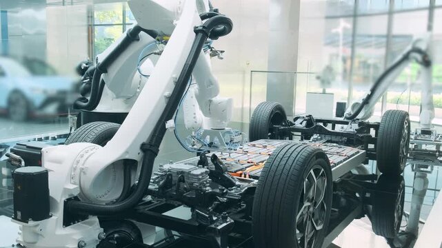 Robotic arms assembling electric vehicle chassis with battery pack in modern automated manufacturing facility. Industrial automation, EV manufacturing, smart production, engineering, innovation