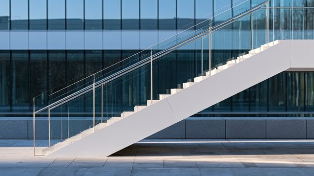 Modern outdoor stairs with glass railing ascend a sleek building