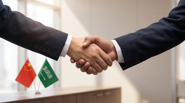 Business people shaking hands with Chinese and Saudi Arabian flags on the table.