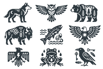 Naklejka premium Set of tribal animal icons featuring wolf owl bear bison and eagle