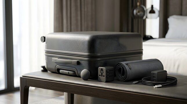 Black suitcase and travel accessories including universal adapter and chargers, ready for journey.