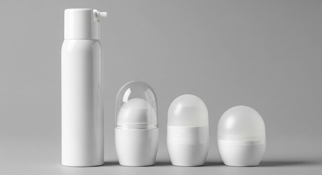 Set of blank white cosmetic packaging containers including a spray bottle and various roll-on deodorant tubes for branding