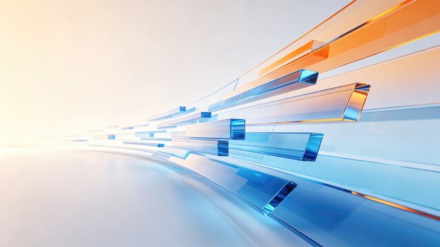 Abstract transparent blue and orange glass bars flowing through bright digital space, idea for data transfer, network technology, communication and innovation banner