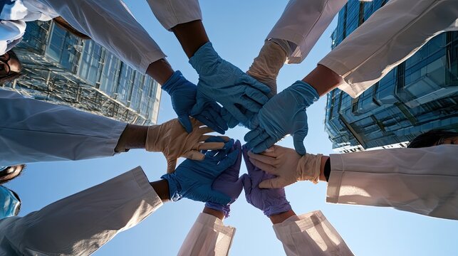 Diverse hands in gloves huddle in teamwork, symbolizing collaboration and scientific unity