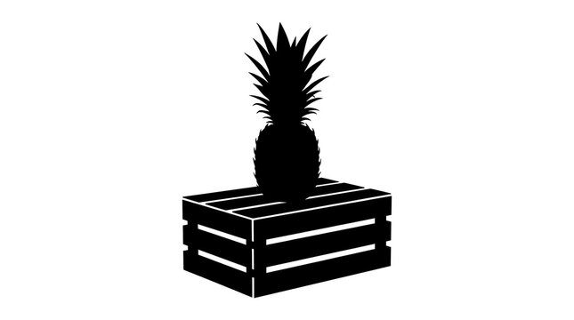 Black silhouette of a pineapple sitting on a wooden crate