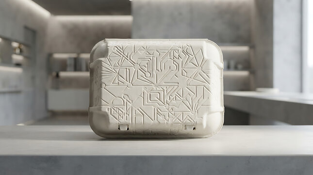 Abstract stone cube with intricate carved patterns sitting on a concrete kitchen counter in a modern minimalist interior home setting with soft natural light and blurred background details