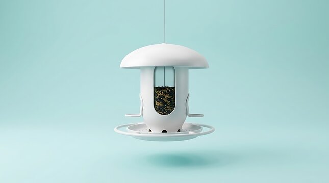 Futuristic modern bird feeder design with sleek white exterior and transparent food chamber on pastel mint background