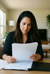 Obraz premium Financial stress and paperwork, woman reviewing documents at home, managing personal finances and budget