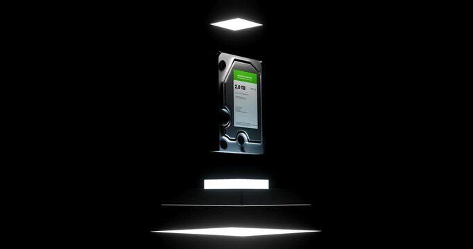 Orbiting camera view of computer hard disk drive hovering up and down on glowing platform in dark space showing mass storage demand
