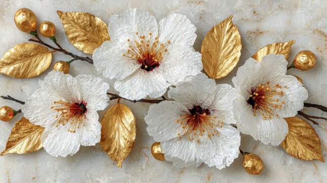 Elegant white cherry blossoms with golden leaves on marble background, luxury floral 3D art style.