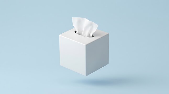 Minimalist white tissue box with a single tissue emerging against a soft pastel blue background emphasizing simplicity and