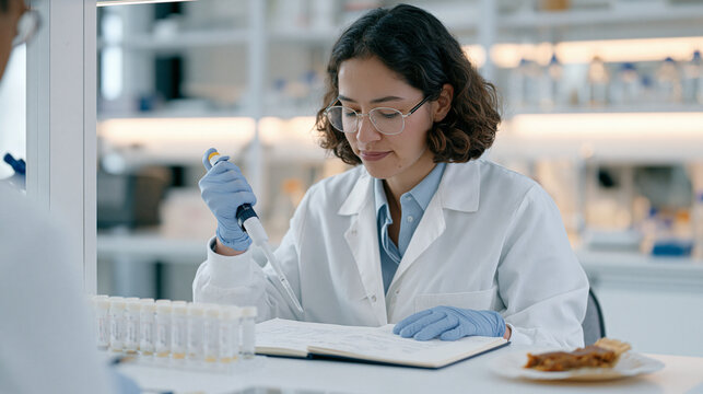 Epidemiologist in a sterile white laboratory environment pipetting samples into rows of vials, a pumpkin pie slice on a paper plate beside the lab notebook, Thanksgiving contrast
