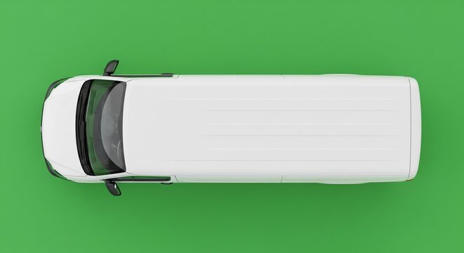 Overhead Top View of a White Cargo Van or Minibus on a Seamless Green Background, Modern Commercial