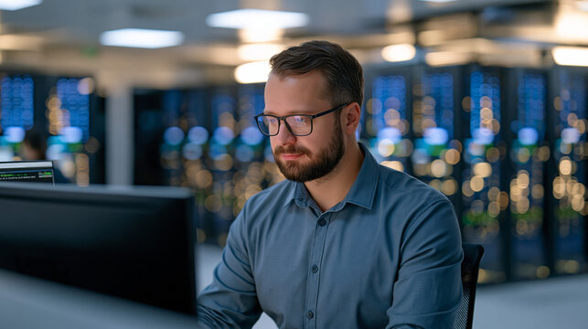 Solitary database administrator in a sterile white server room surrounded by blinking rack units, focused on a terminal displaying query logs, the hum of cooling fans visible in