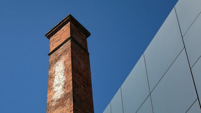 Old brick chimney contrasts with modern glass building under blue sky