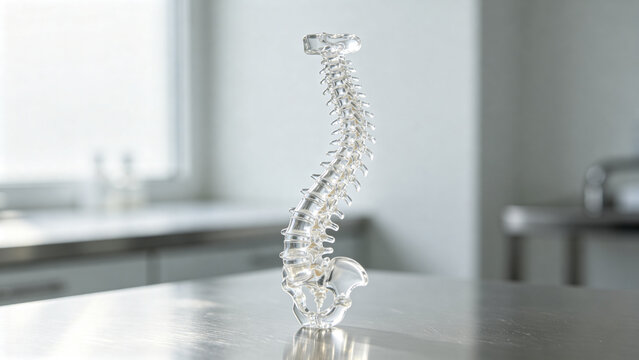 Translucent anatomical model of human spine with lateral S-curve on steel table, scoliosis and medical education concept