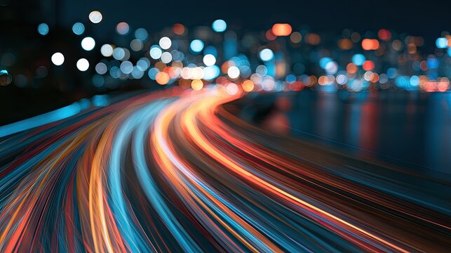 Streaking lights of a city highway at night, blurred motion