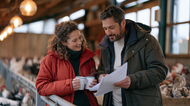 Poultry farmer couple standing inside a warm barn under amber pendant bulbs reviewing flock health records together, steaming mugs set on a fence rail, feathered hens roosting in