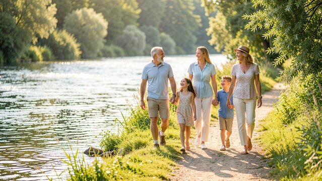 joyful diverse multigenerational family walking on sun dappled riverbank perfect summer afternoon lifestyle advertising copyspace space