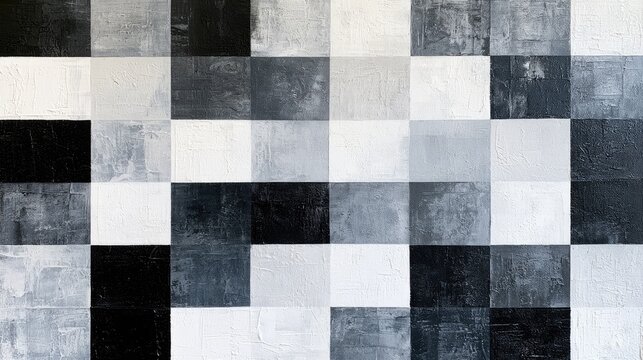 Abstract checkered pattern with varying textures and shades of black, white, and gray