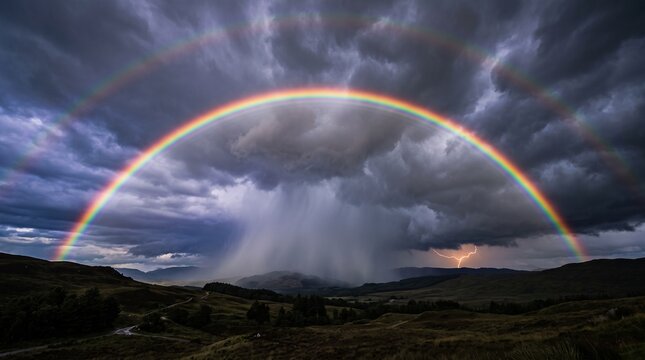 Dramatic double rainbow over stormy mountain landscape, dark thunderclouds with heavy rain and lightning, cinematic nature scenery