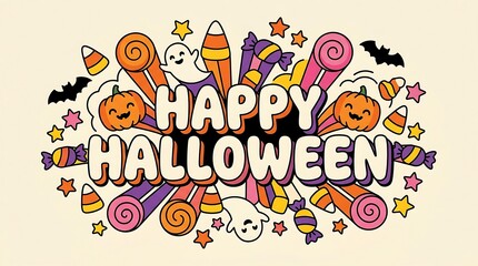 Obraz premium Happy Halloween colorful illustration with pumpkins and ghosts