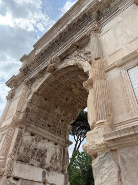 Arch of Titus ceiling relief and Corinthian columns in Roman Forum, Rome, Italy