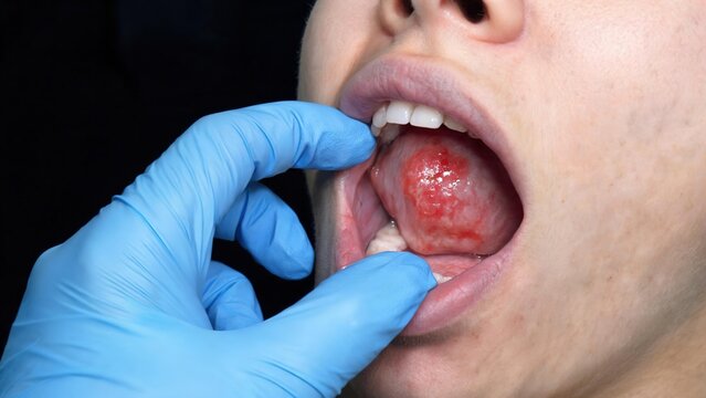 Oral Cancer, Medical Illustration Showing Pathological Lesions and Tumor Tissue Inside Human Oral Cavity Structure