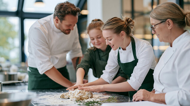 Intergenerational kitchen team building a snowman shaped bread centerpiece at a long prep table under overcast grey skylight windows, head chef guiding a junior cook and a