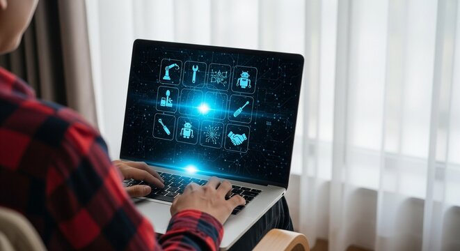 Person Using Laptop with Futuristic Digital Interface Showing Icons of Robotics, Tools,