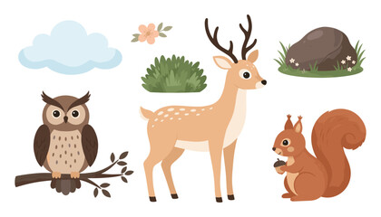 Obraz premium Cute Cartoon Woodland Animals Vector Illustration Set Featuring Deer, Owl on Branch, and Squirrel with Acorn Icons for Children Nursery Designs