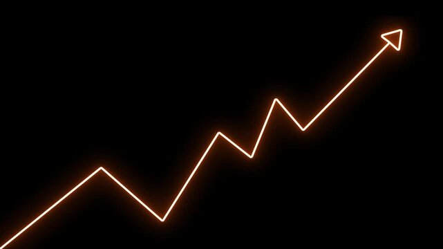 Glowing neon financial growth chart line animation on black background, graph finance