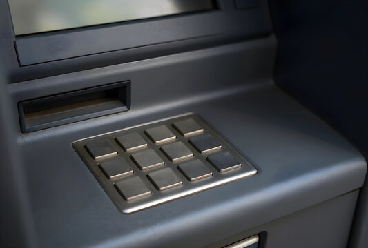Financial transactions and banking services, close up of an ATM keypad and card slot for cash withdrawal