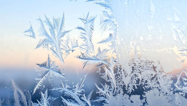 Snowy forest landscape with pine trees and sun rays.