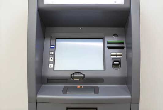 Financial services and banking technology, empty ATM machine with blank screen for cash withdrawal and transactions