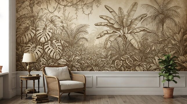 Vintage jungle wallpaper mural in a bright modern living room with wicker armchair and green plants. Elegant interior design concept for tropical decor.