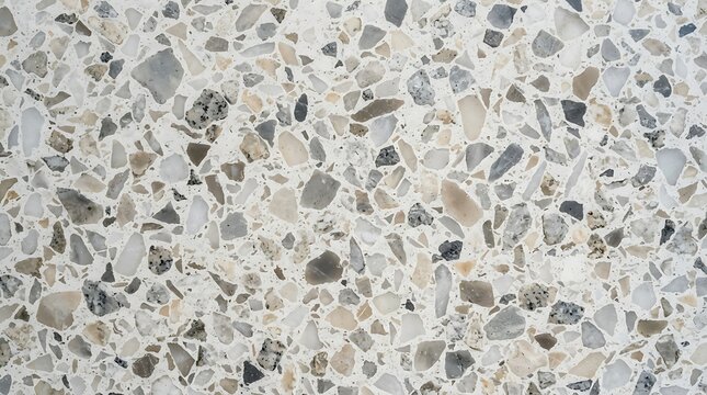 Detailed terrazzo stone texture with white, grey, and brown fragments in cement matrix. Excellent background for contemporary architectural design.
