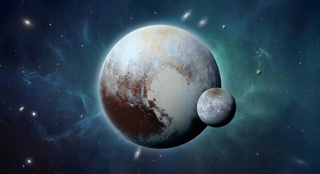 Dwarf Planet Pluto and its Moon Charon in Deep Space Background